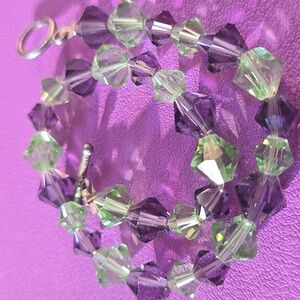 Green and Purple Crystal Bracelet. Artisan Made. Clear Strung & Silvertone Clasp